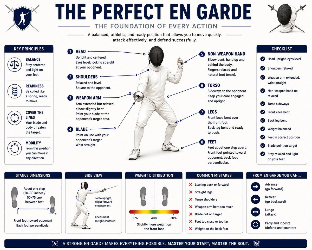 Infographic of a correct fencing en garde position for a right-handed fencer: head upright and eyes level, shoulders relaxed and square, weapon arm extended but relaxed with the blade on the opponent's target, non-weapon hand raised behind the body, torso sideways, front knee bent over the foot, back leg bent and ready to push, feet about one step apart with the front foot toward the opponent and the back foot perpendicular.
