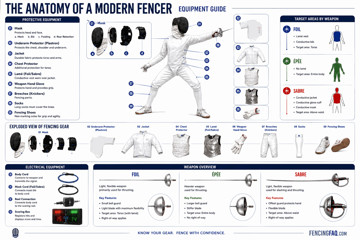 The anatomy of a modern fencer: mask, jacket, glove, weapon and all the fencing gear explained