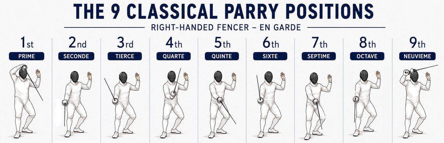 Infographic titled The 9 Classical Parry Positions for a right-handed fencer at en garde, showing the blade position for each: 1 prime, 2 seconde, 3 tierce, 4 quarte, 5 quinte, 6 sixte, 7 septime, 8 octave and 9 neuvieme.
