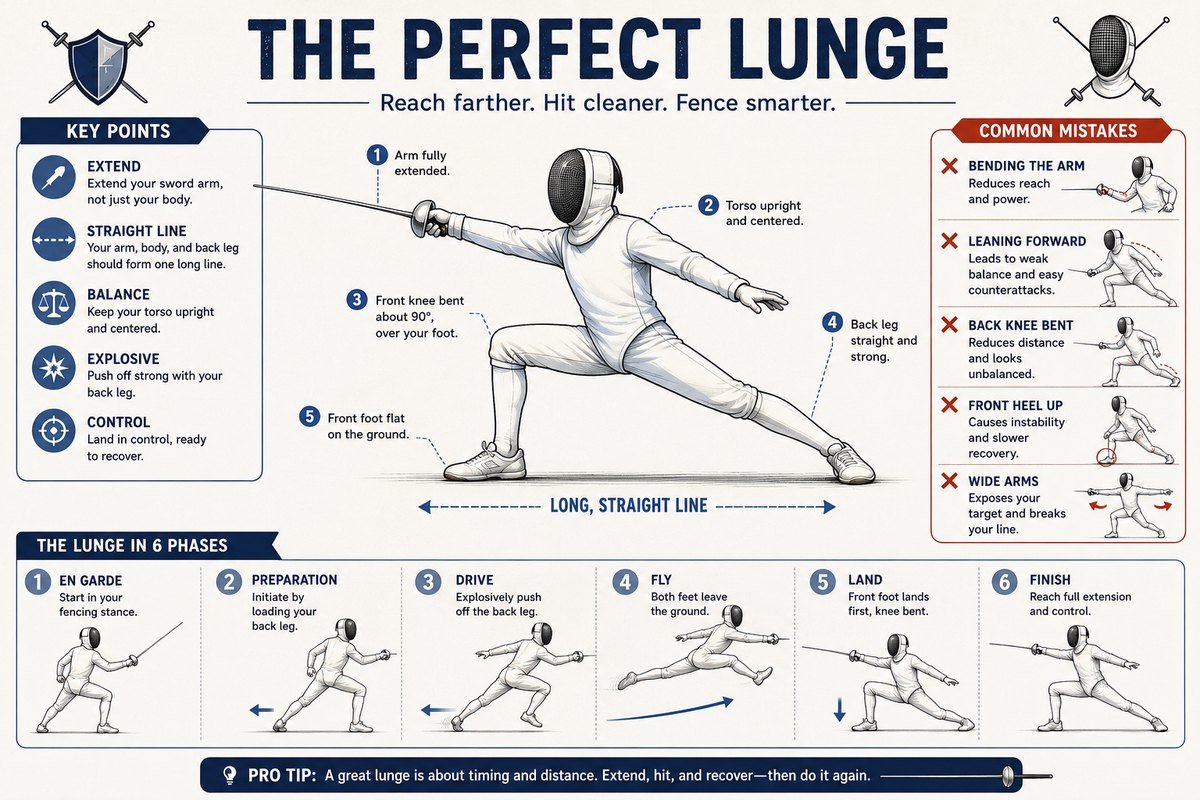 Infographic of a proper fencing lunge: sword arm fully extended, torso upright, front knee bent about 90 degrees over the foot, back leg straight, front foot flat, forming one long straight line, with the six phases en garde, preparation, drive, fly, land and finish.