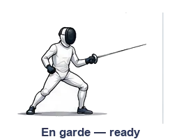 The en garde position: knees bent, weapon arm forward, rear arm relaxed.
