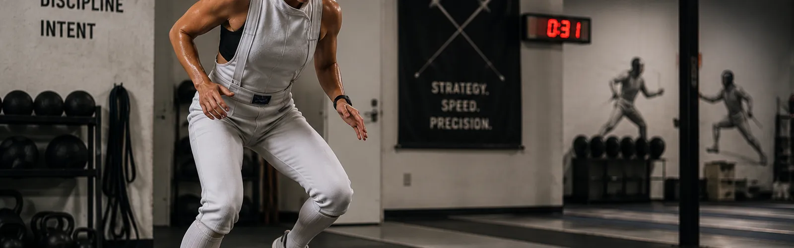 A fencer training footwork through an agility ladder