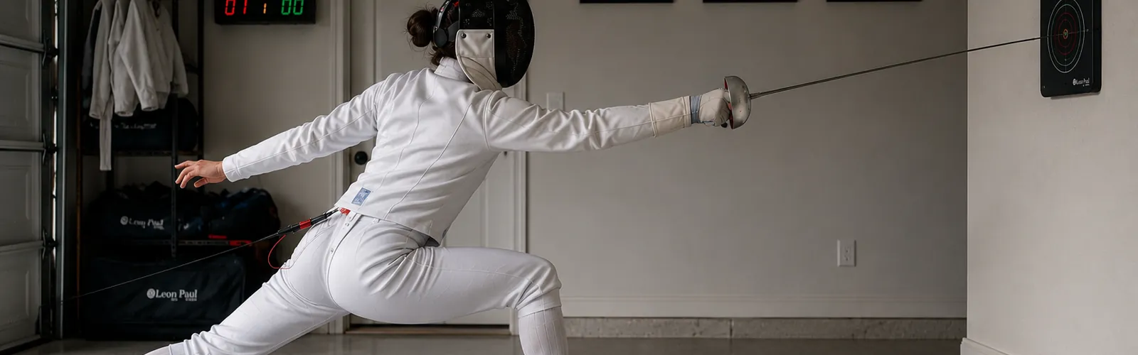 A fencer practising footwork and lunges at home