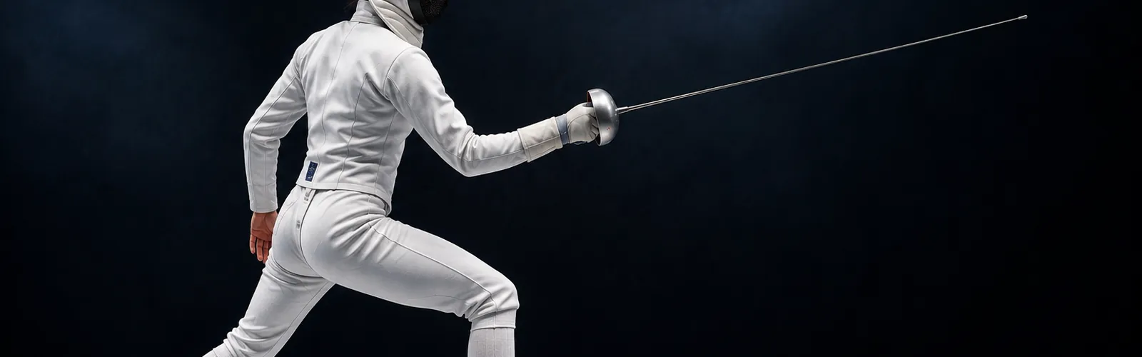 A fencer in a textbook en garde stance, side profile