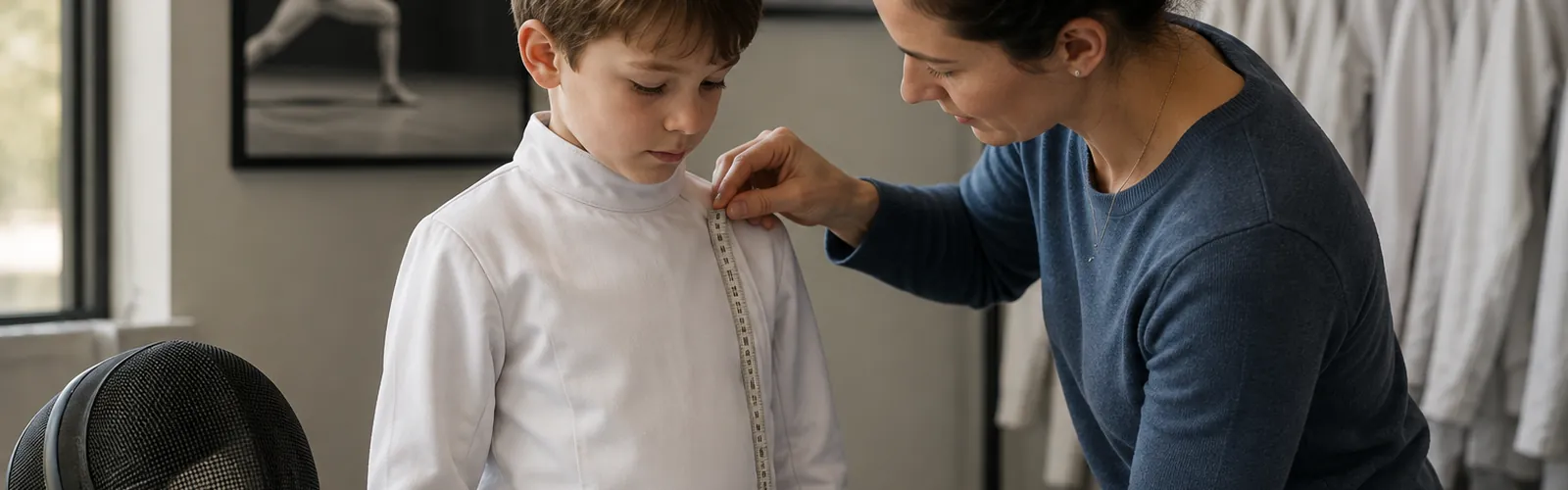 A child being measured for a fencing jacket