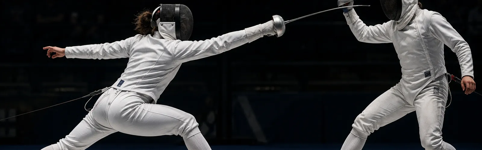 Two foil fencers, one attacking with an extended arm