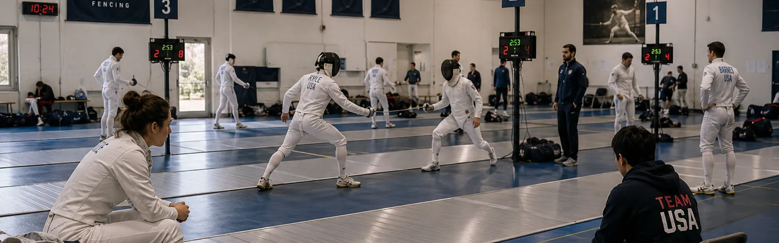 A busy sports hall lined with fencing strips