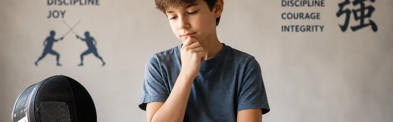 A child choosing between a fencing mask and a martial-arts belt