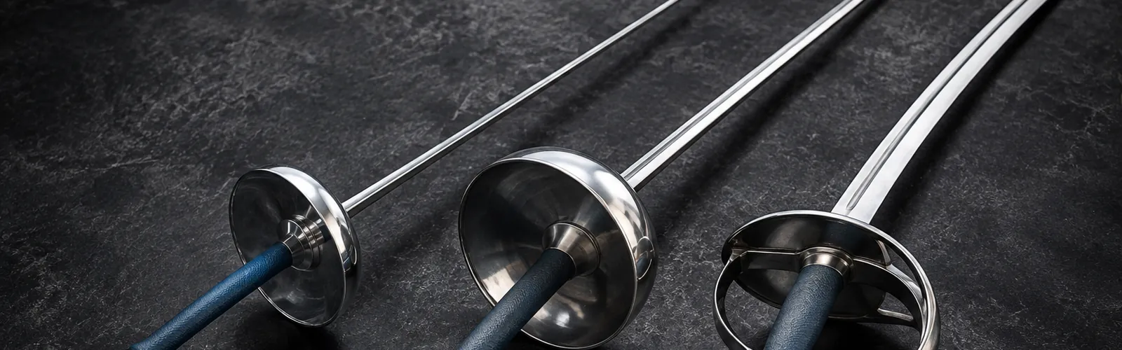 Foil, epee and sabre blades laid side by side