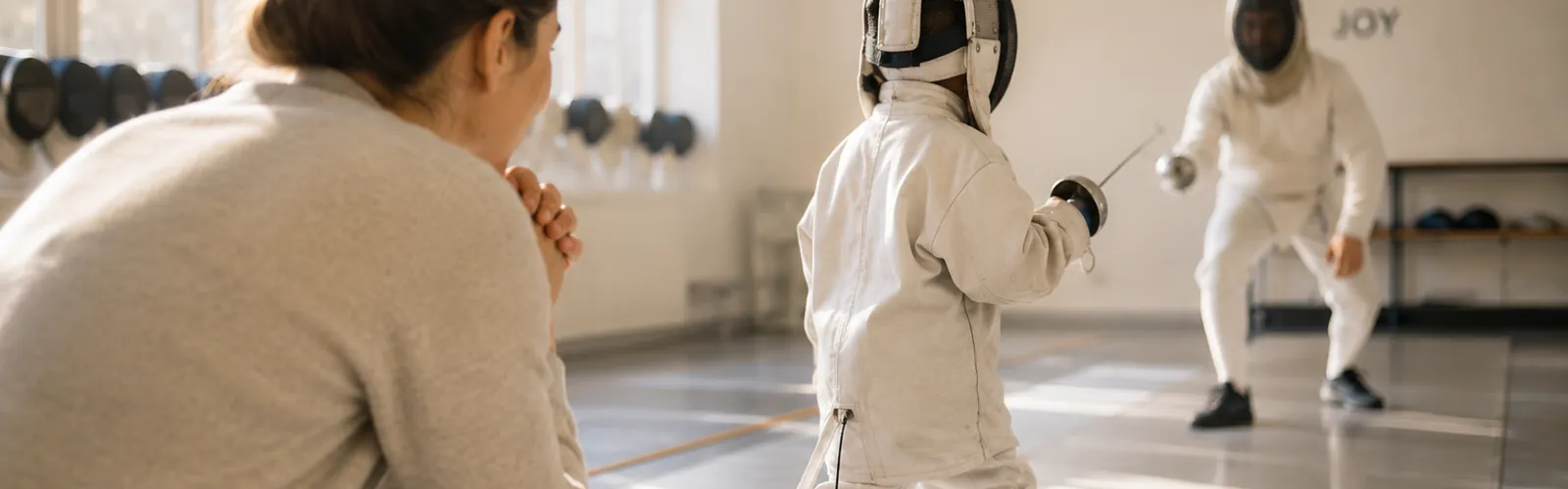 A parent watching their child's first fencing lesson