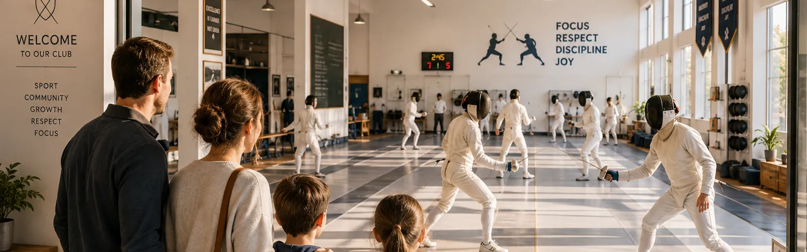 A welcoming fencing club interior with several strips