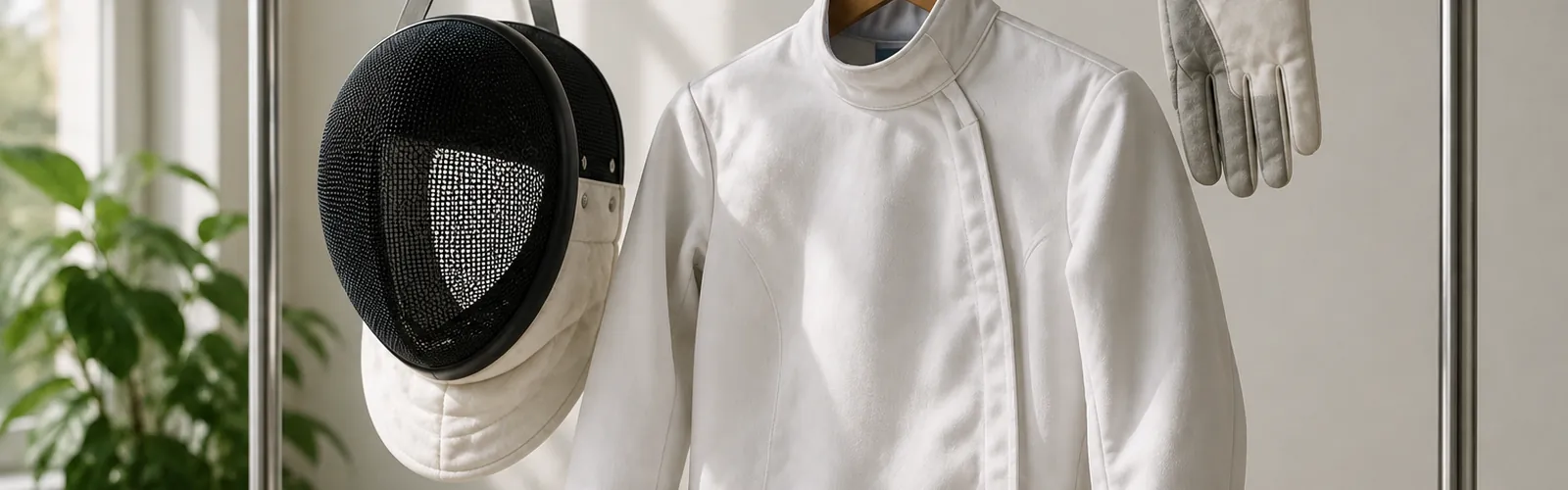 A fencing jacket, mask and glove airing on a rack
