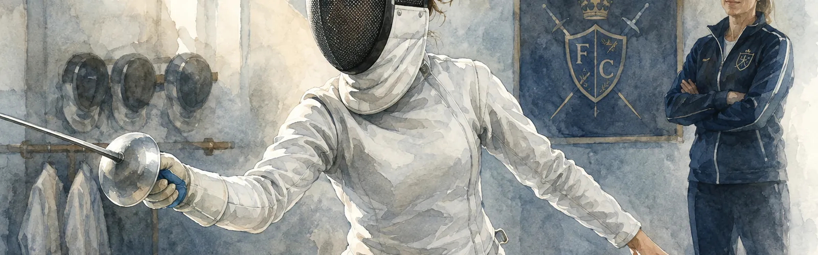 A fully-kitted fencer showing the protective mask and jacket
