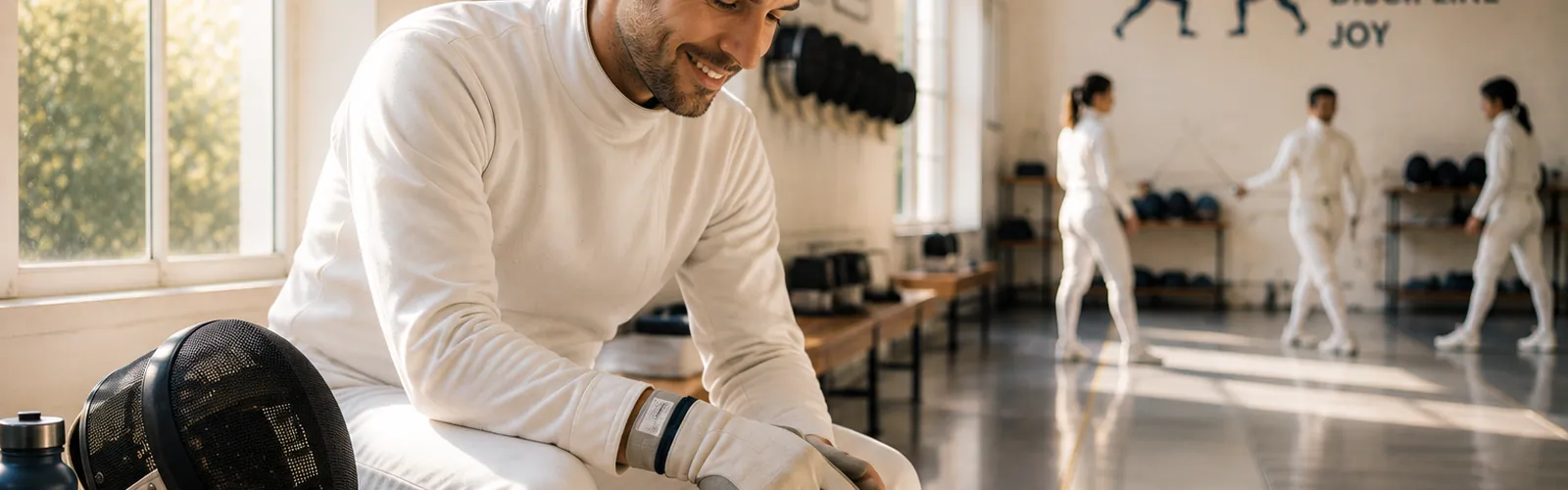 An adult lacing a fencing glove beside a mask and foil