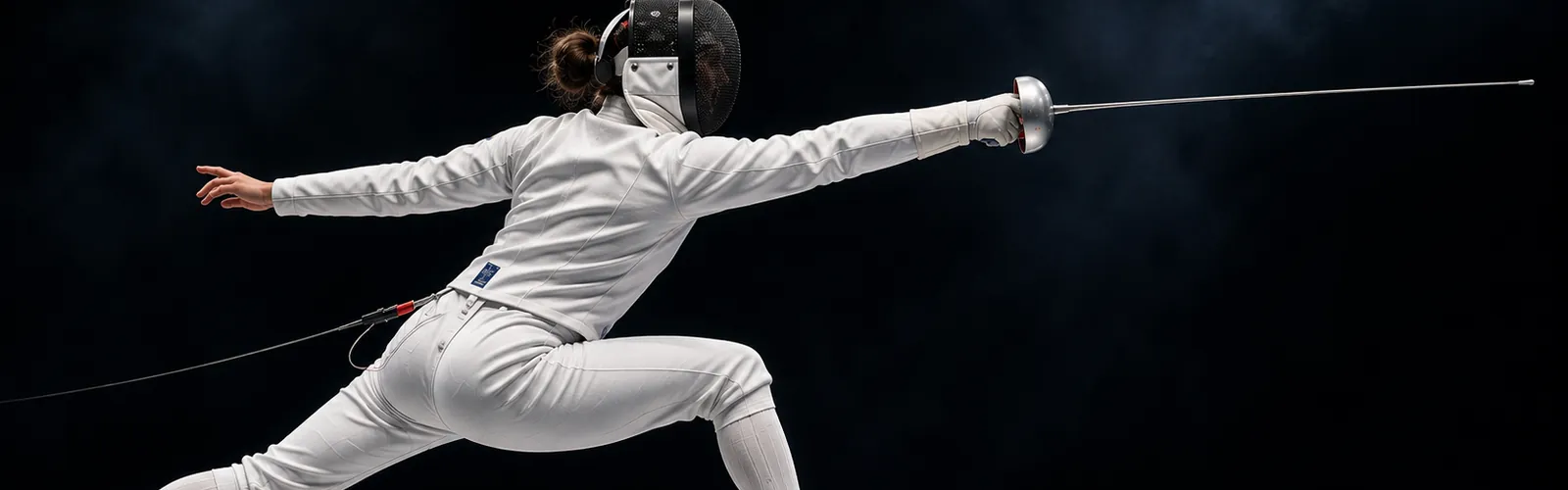 A fencer frozen at the peak of a full lunge