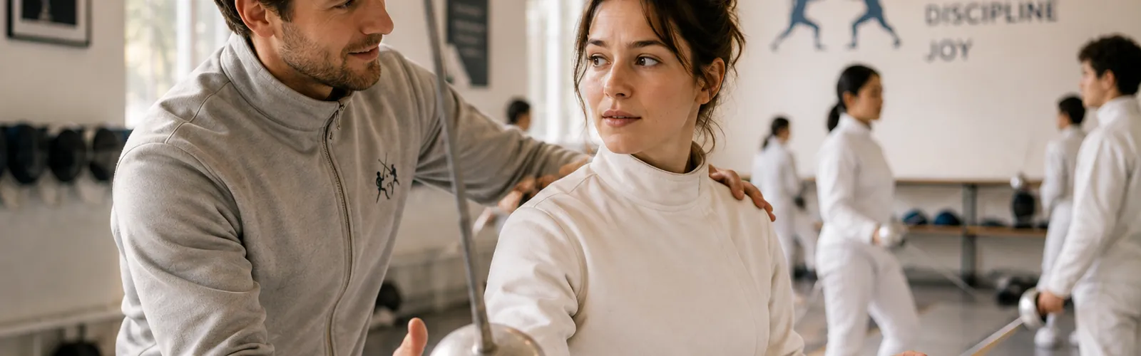 A coach guiding a beginner into the en garde stance